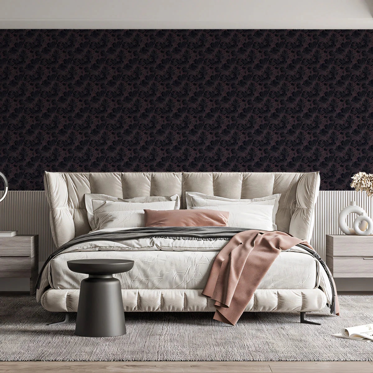 Midnight Plum Botanical Mural Wallpaper — Dark Floral Wave Motif Mural Wallpaper - pure wallpaper artwork