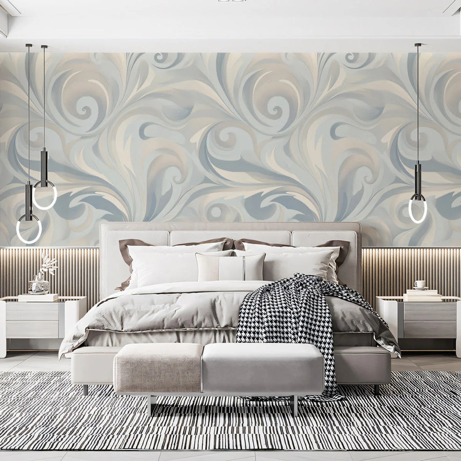 Marbled Swirl Mural Wallpaper — Soft Blue and Cream Pattern Mural Wallpaper