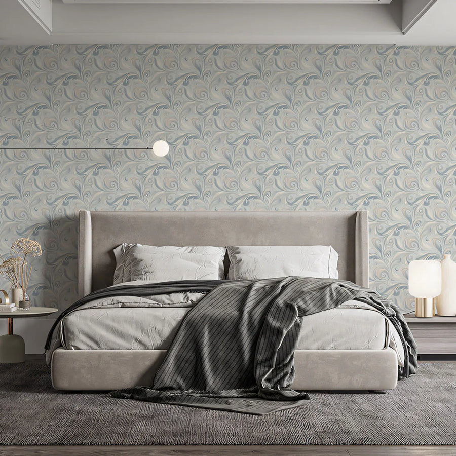 Marbled Swirl Mural Wallpaper — Soft Beige and Slate Blue Mural Wallpaper