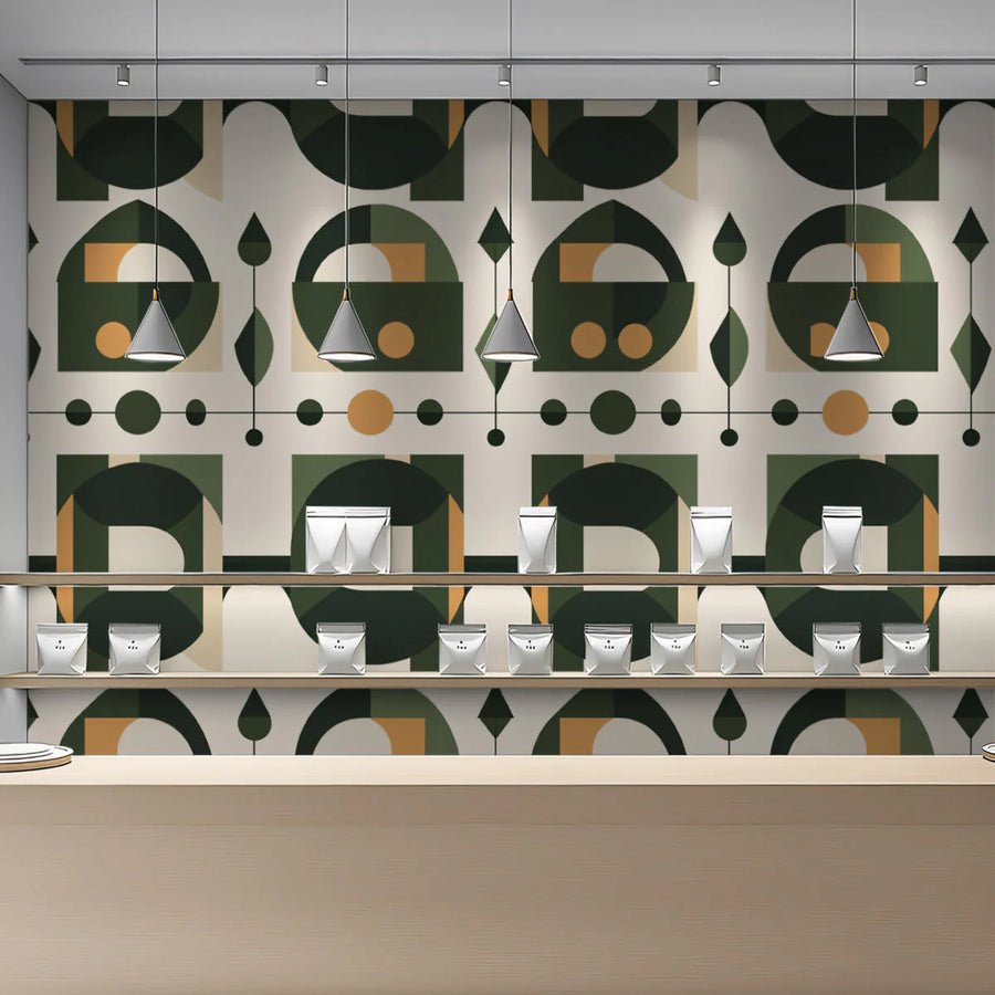 Mid-Century Geometric Mural Wallpaper — Forest Green and Ochre Mural Wallpaper