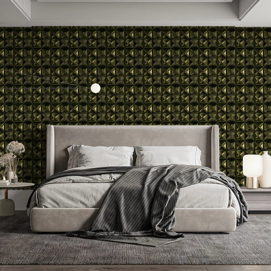 Pyramid Grid Mural Wallpaper in Deep Olive and Gold Mural Wallpaper