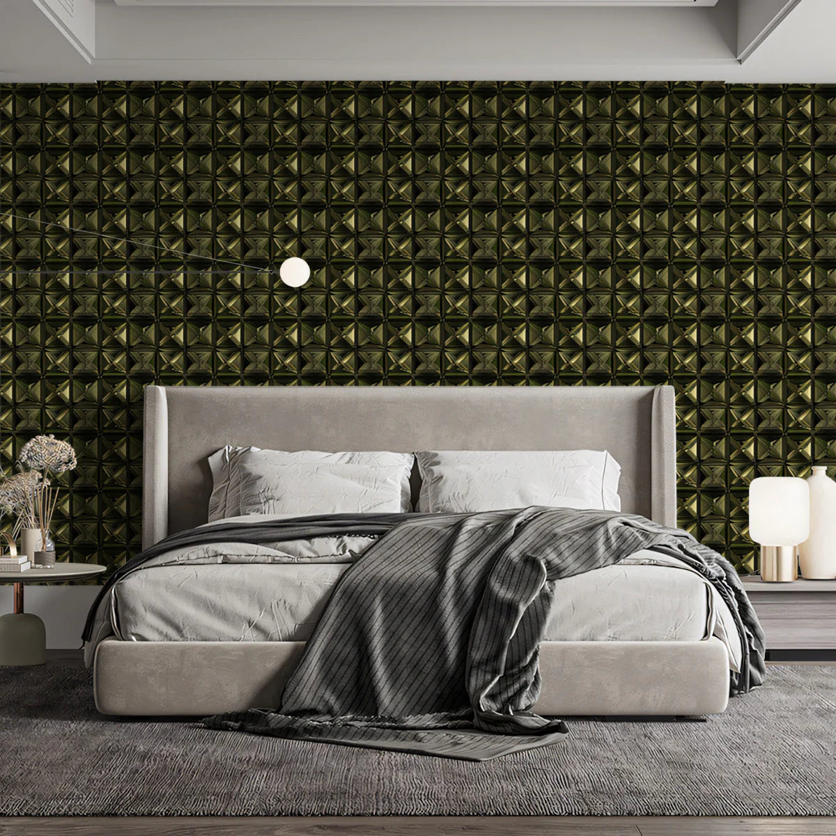 Pyramid Grid Mural Wallpaper in Deep Olive and Gold Mural Wallpaper - pure wallpaper artwork