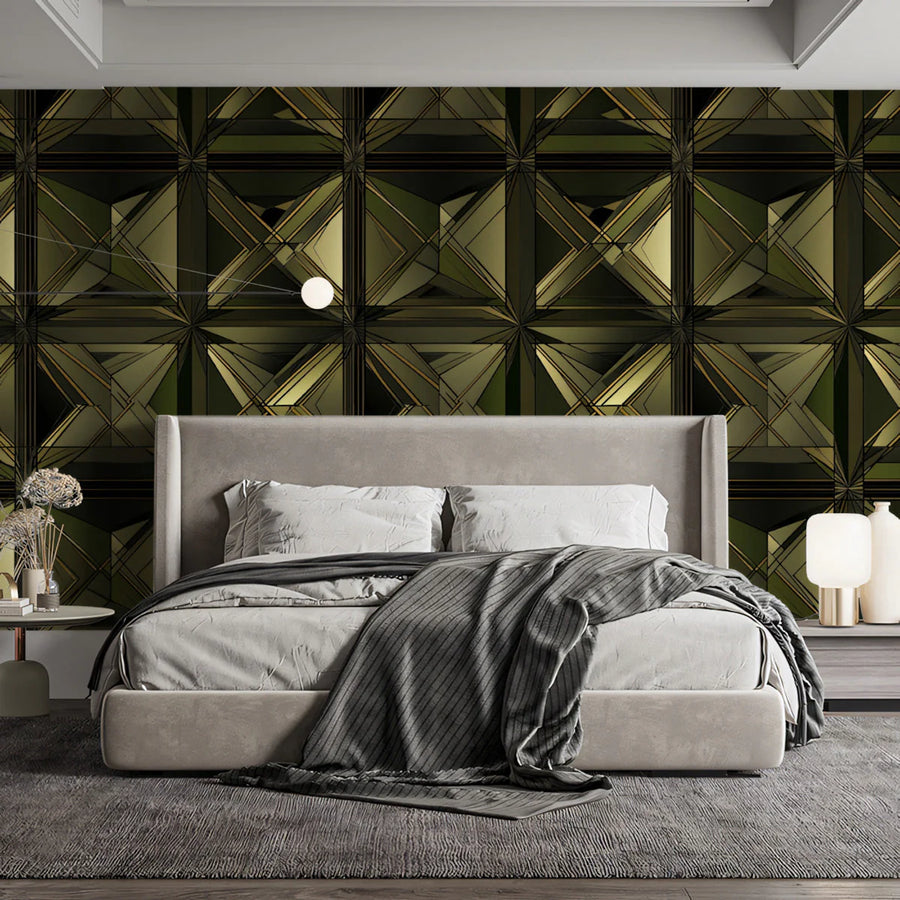 Geometric 3D Grid Mural Wallpaper in Deep Olive and Gold Mural Wallpaper