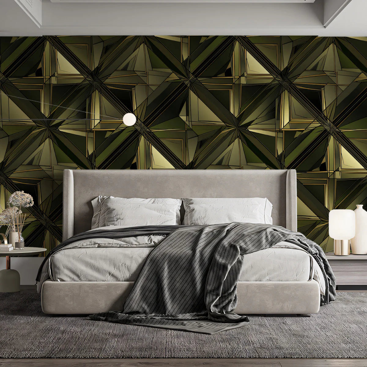 Geometric Diamond Mural Wallpaper in Deep Olive and Gold Mural Wallpaper - pure wallpaper artwork