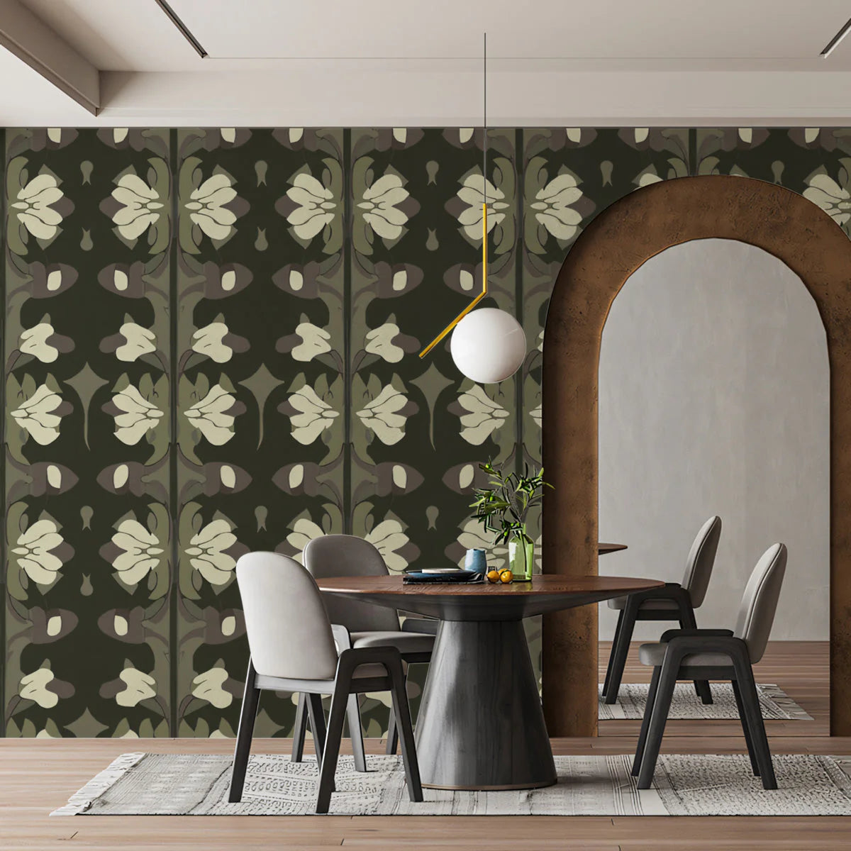 Art Nouveau Floral Mural Wallpaper — Olive and Cream Botanical Mural Wallpaper - pure wallpaper artwork
