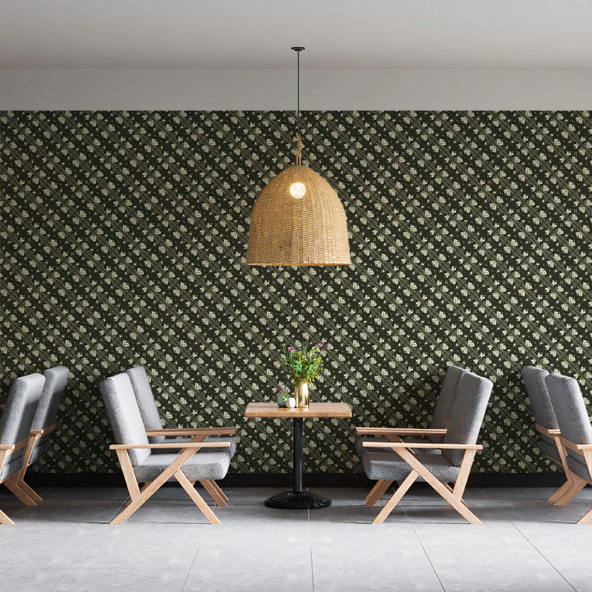 Vintage Botanical Diagonal Mural Wallpaper —Olive Floral Pattern Mural Wallpaper - pure wallpaper artwork
