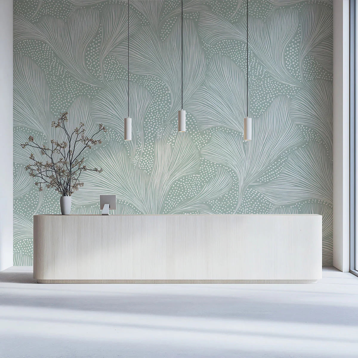 Ginkgo Leaf Line Art Mural Wallpaper — Soft Sage and White Mural Wallpaper - pure wallpaper artwork