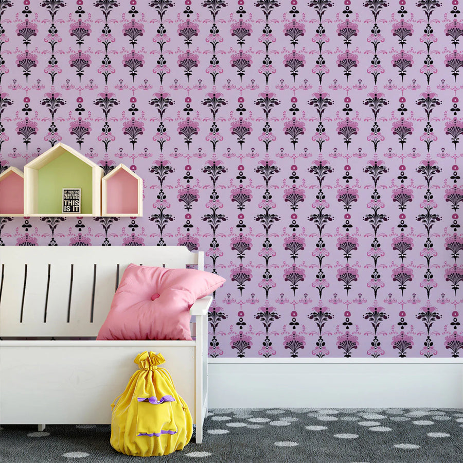 Graphic Bloom Floral Mural Wallpaper —Whimsical Pink and Black Mural Wallpaper