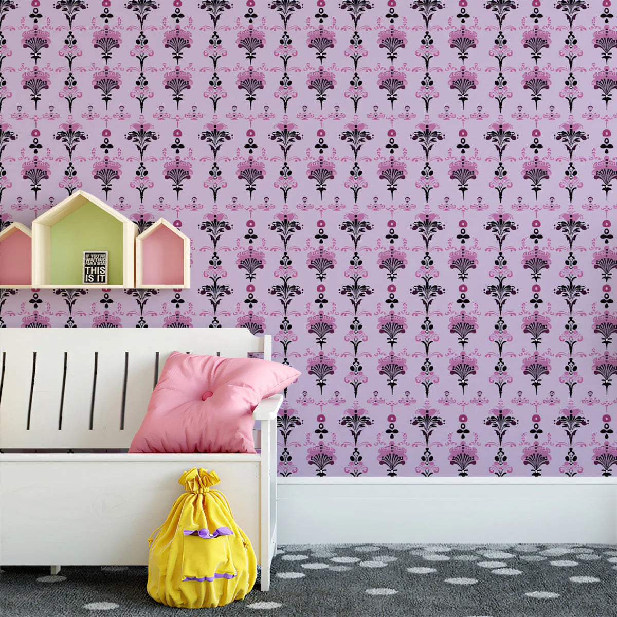Graphic Bloom Floral Mural Wallpaper —Whimsical Pink and Black Mural Wallpaper - pure wallpaper artwork