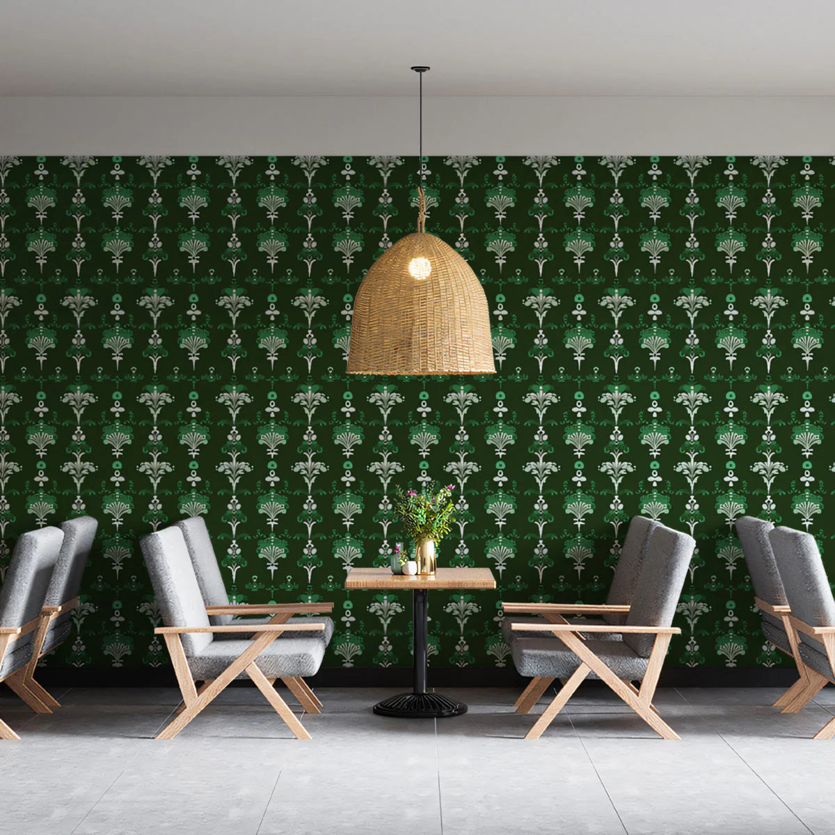 Damask Botanical Mural Wallpaper — Forest Green Traditional Print Mural Wallpaper - pure wallpaper artwork