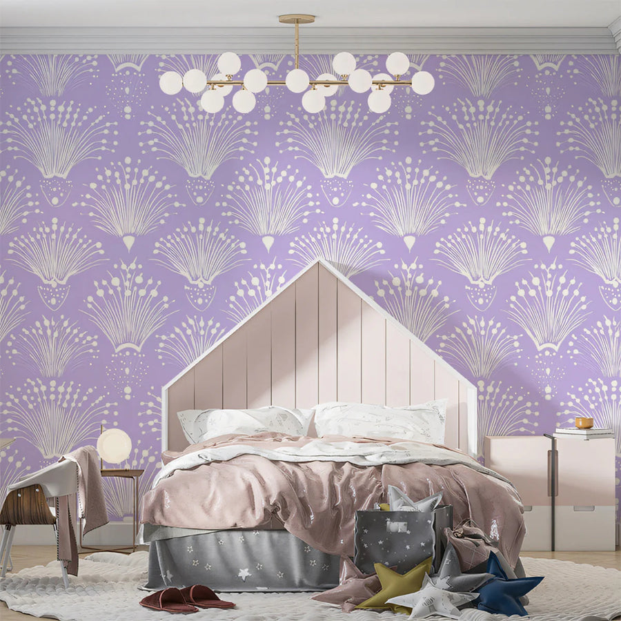 Starburst Floral Mural Wallpaper — Whimsical Lavender Pattern Mural Wallpaper