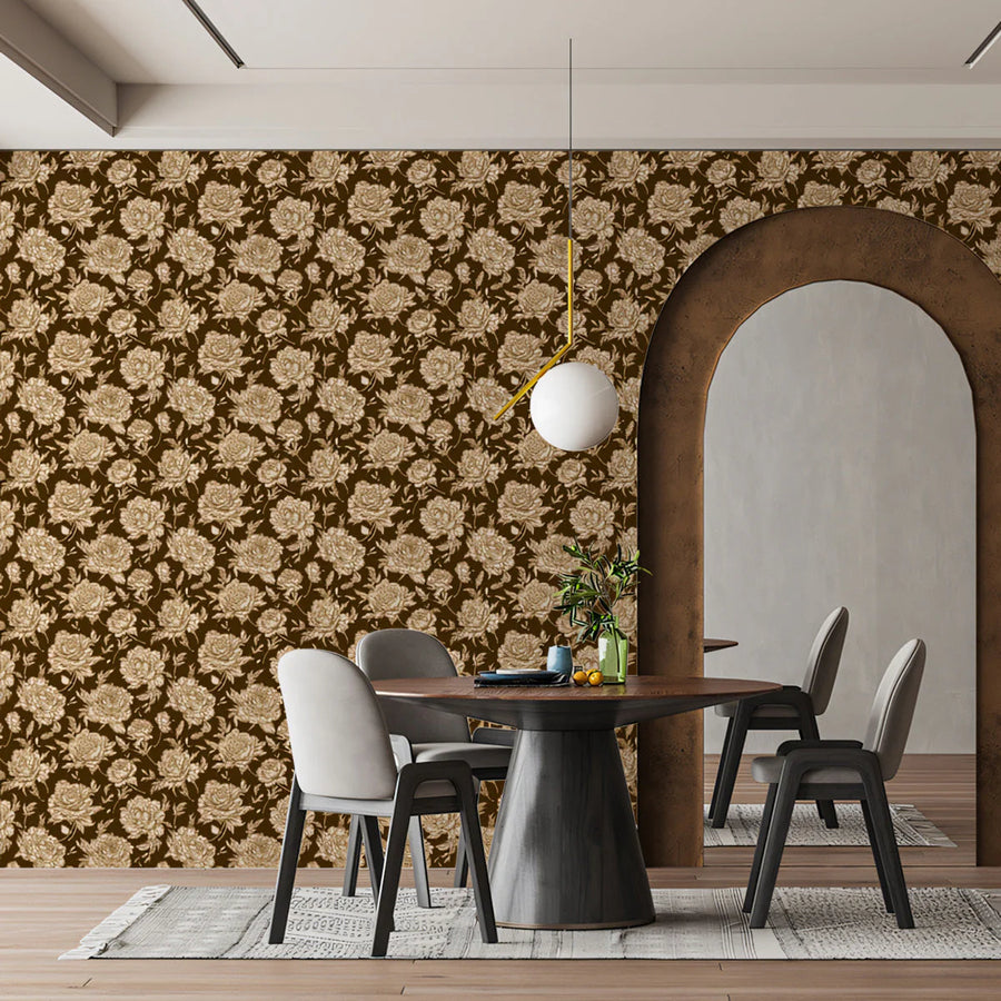 Vintage Rose Engraving Mural Wallpaper in Umber and Cream Mural Wallpaper