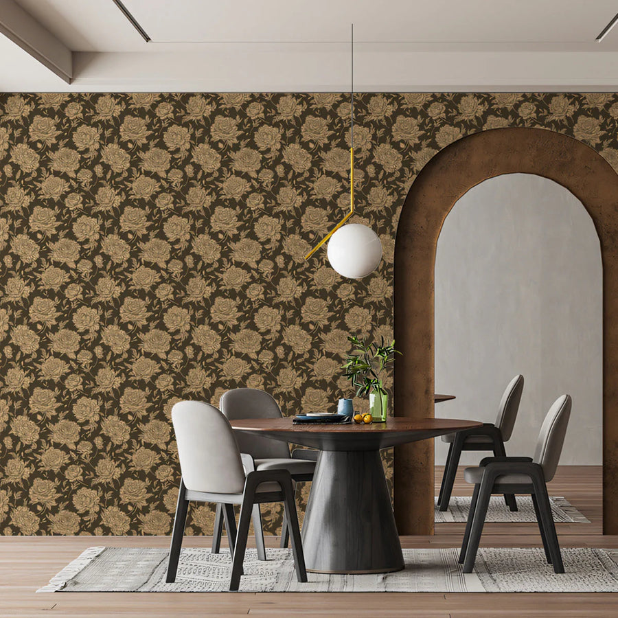 Vintage Rose Line Art Mural Wallpaper —Earthy Monochromatic Style Mural Wallpaper