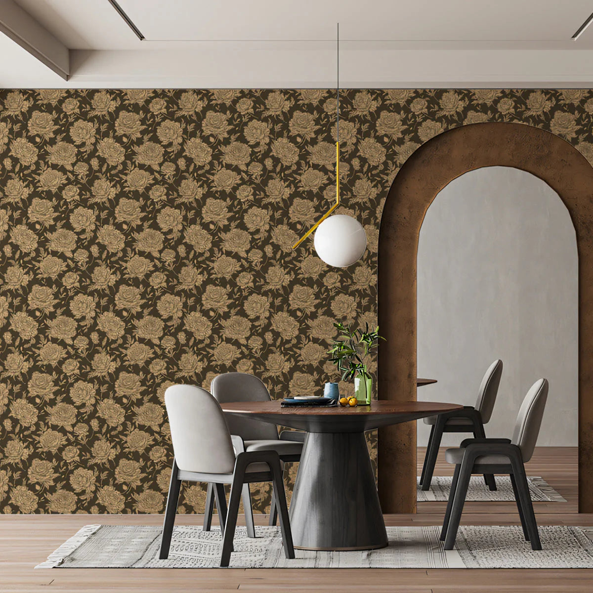Vintage Rose Line Art Mural Wallpaper —Earthy Monochromatic Style Mural Wallpaper - pure wallpaper artwork
