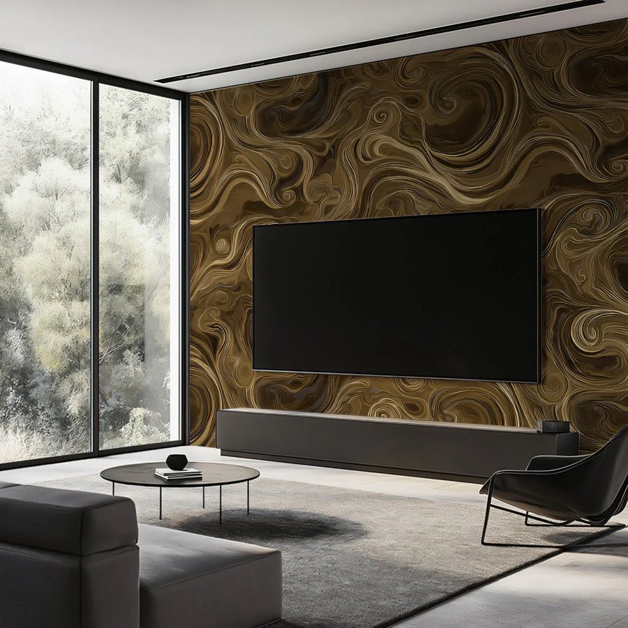 Golden Swirl Fluid Mural Wallpaper — Organic Marble Effect Mural Wallpaper