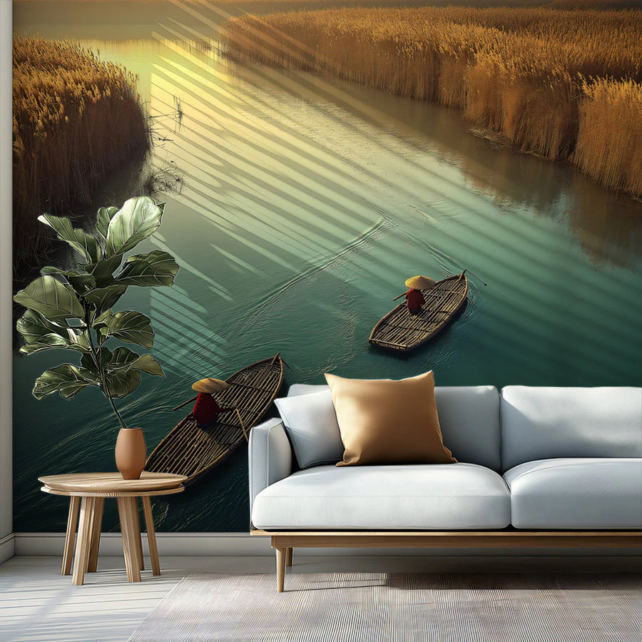Fishermen on River Mural Wallpaper — Sunset Landscape Scene Mural Wallpaper