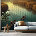 Fishermen on River Mural Wallpaper — Sunset Landscape Scene Mural Wallpaper - pure wallpaper artwork