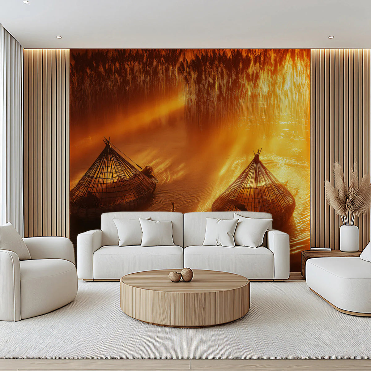 Golden Hour Fishermen Mural Wallpaper —Warm Waterscape Scene Mural Wallpaper - pure wallpaper artwork