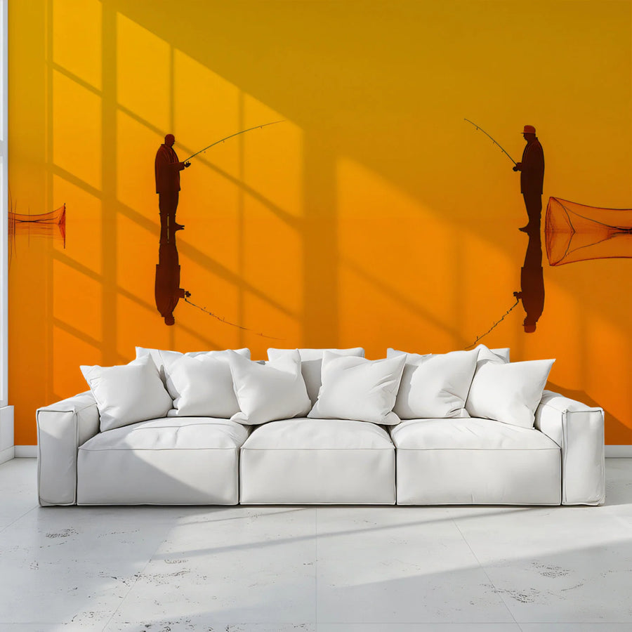 Sunset Fishermen Silhouette Mural Wallpaper — Vibrant Artistic Design Mural Wallpaper
