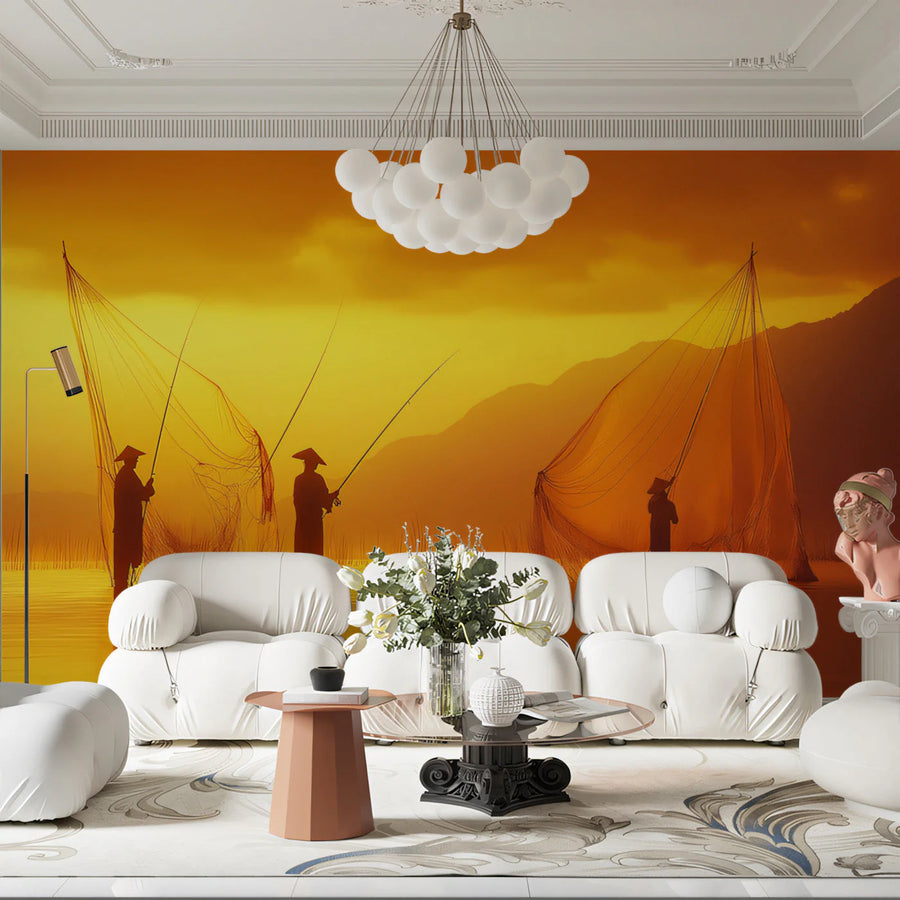 Golden Hour Fishing Village Mural Wallpaper — Warm Coastal Art Mural Wallpaper