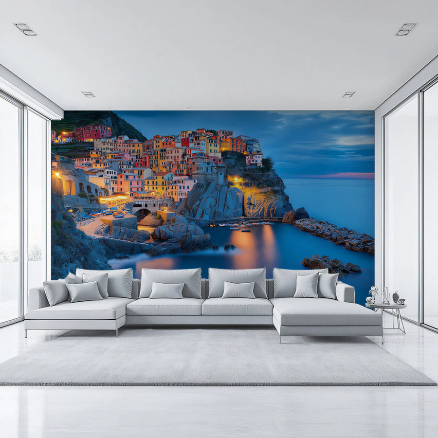 Italian Coastal Village Mural Wallpaper — Vivid Sunset Scenery Mural Wallpaper