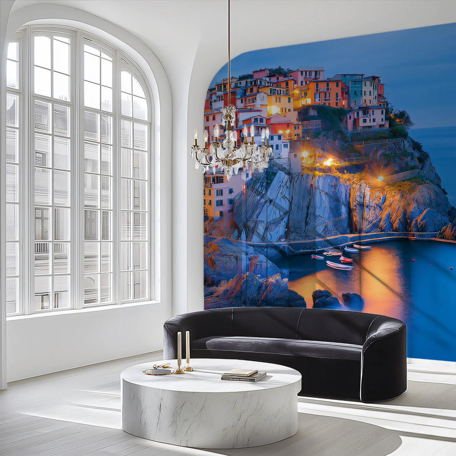 Italian Coastal Village Sunset Mural Wallpaper — Dreamy Mediterranean Mural Wallpaper