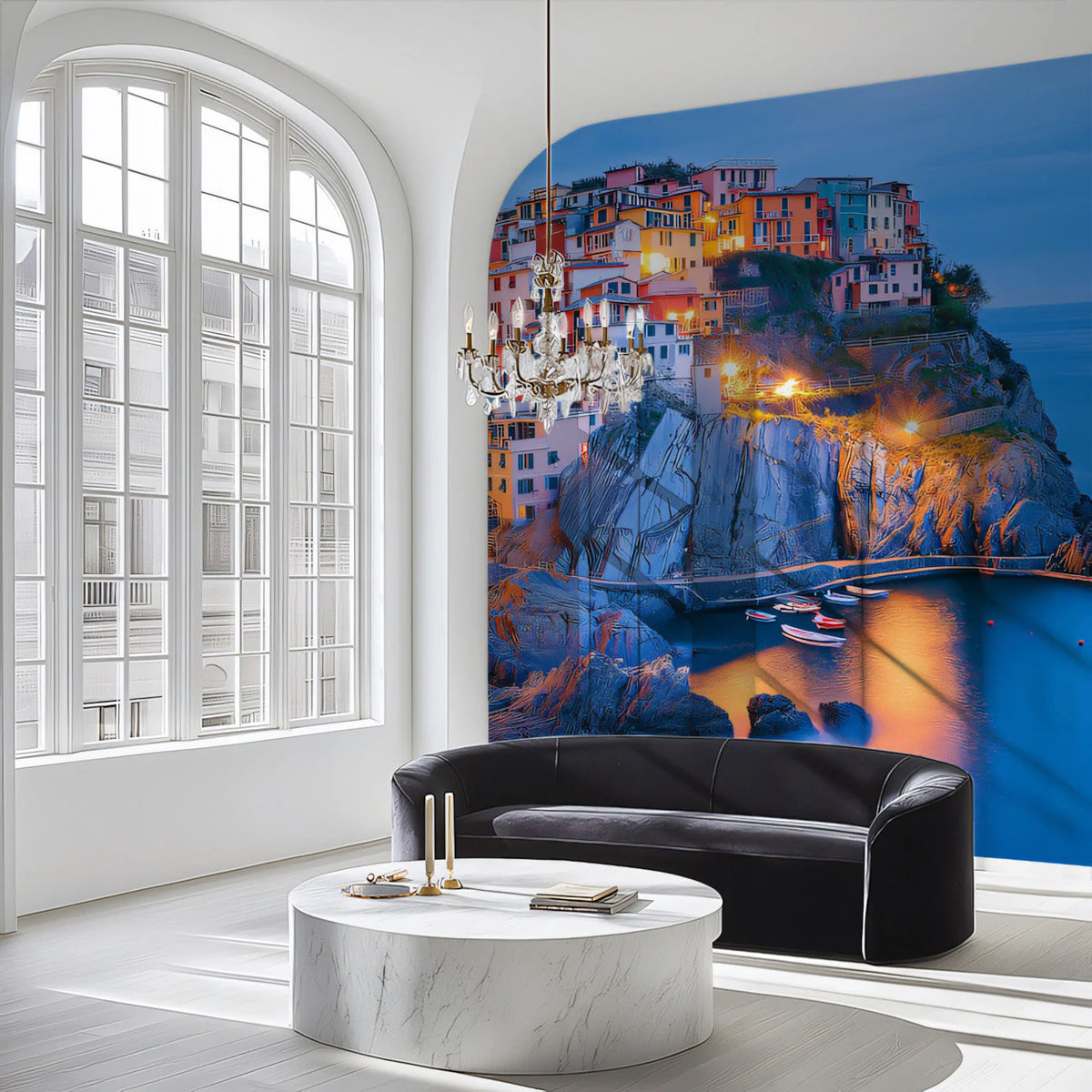 Italian Coastal Village Sunset Mural Wallpaper — Dreamy Mediterranean Mural Wallpaper - pure wallpaper artwork