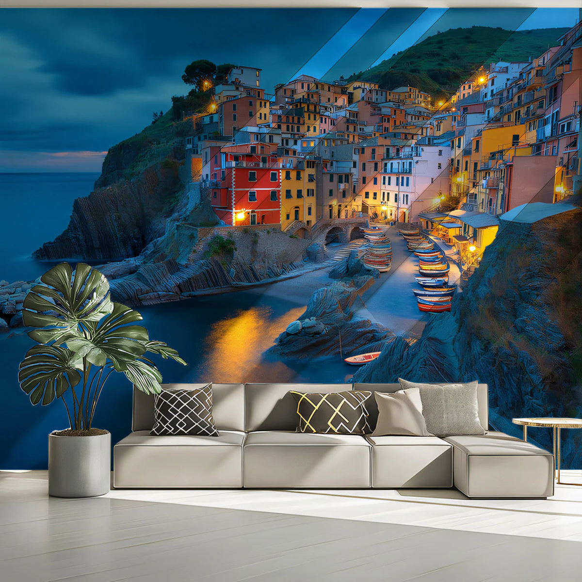 Coastal Italian Cliffside Village Mural Wallpaper — Mediterranean Mural Wallpaper - pure wallpaper artwork