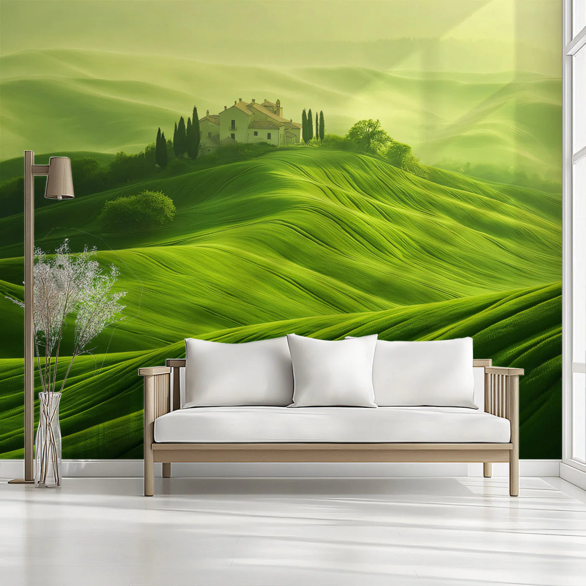 Tuscan Hillside Mural Wallpaper — Soft Morning Landscape Decor Mural Wallpaper - pure wallpaper artwork