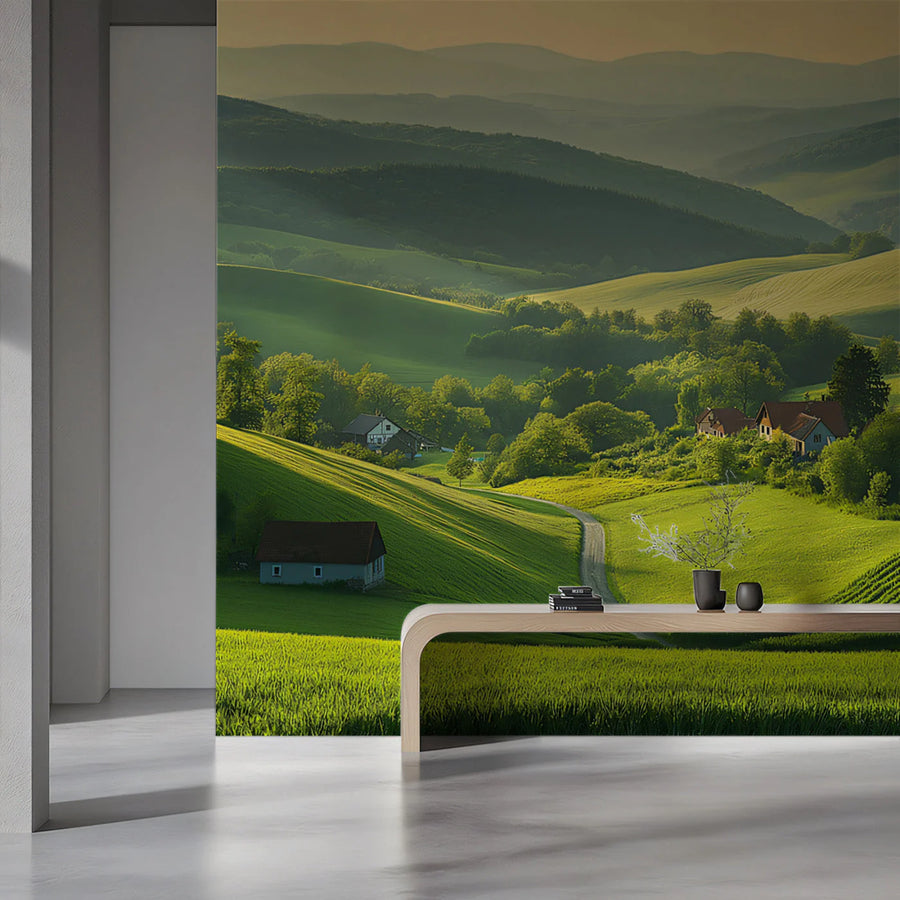 Rolling Hills Countryside Mural Wallpaper — Pastoral Landscape Mural Wallpaper