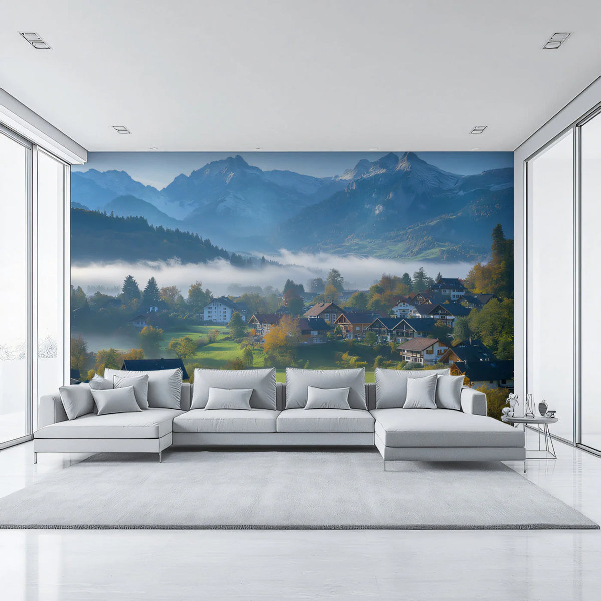 Alpine Mist Mountain Village Mural Wallpaper —Scenic Landscapes Mural Wallpaper - pure wallpaper artwork
