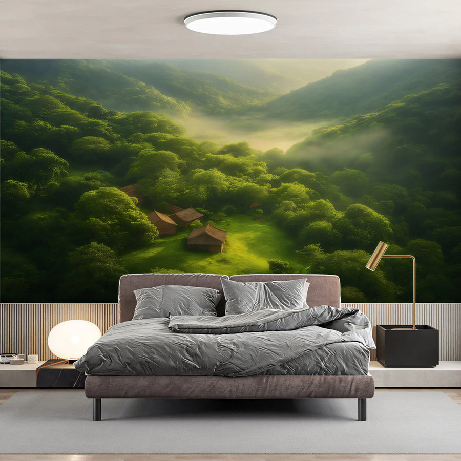 Mist-Covered Valley and Farmhouse Mural Wallpaper