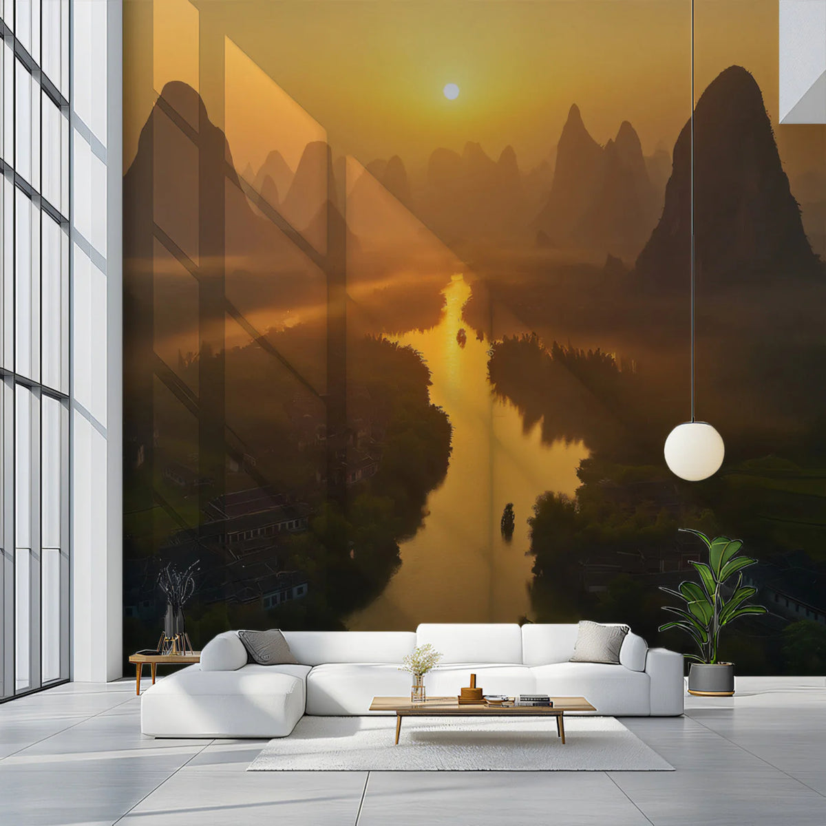 Guilin River Valley Mural Wallpaper — Golden Sunset Landscape Mural Wallpaper - pure wallpaper artwork