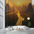 Guilin River Valley Mural Wallpaper — Golden Sunset Landscape Mural Wallpaper - pure wallpaper artwork