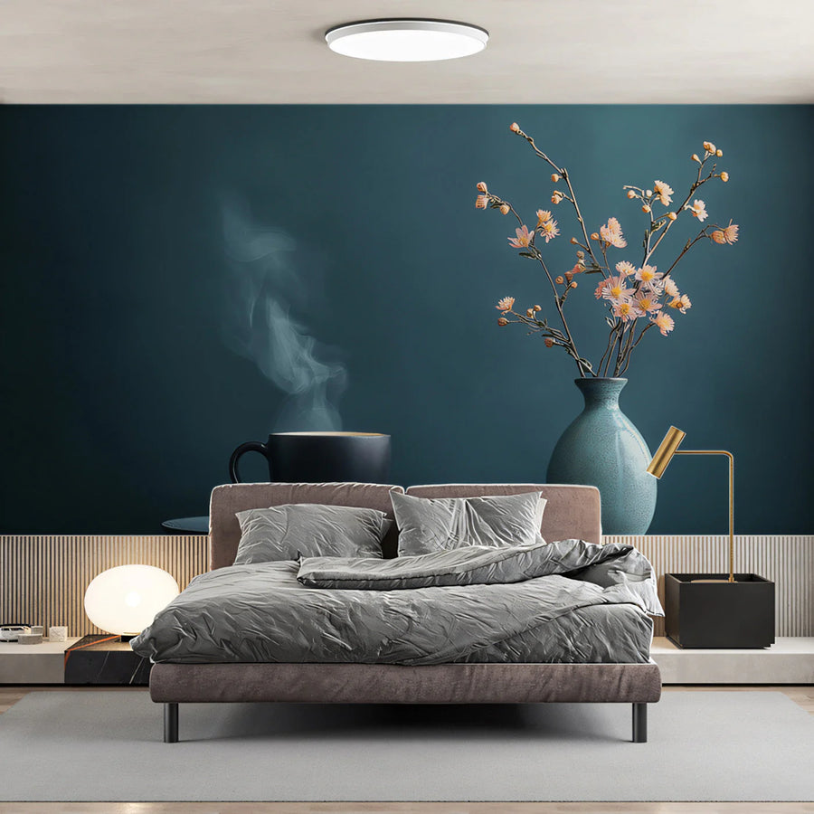 Minimalist Floral Vase Mural Wallpaper — Soft Moody Blue Decor Mural Wallpaper
