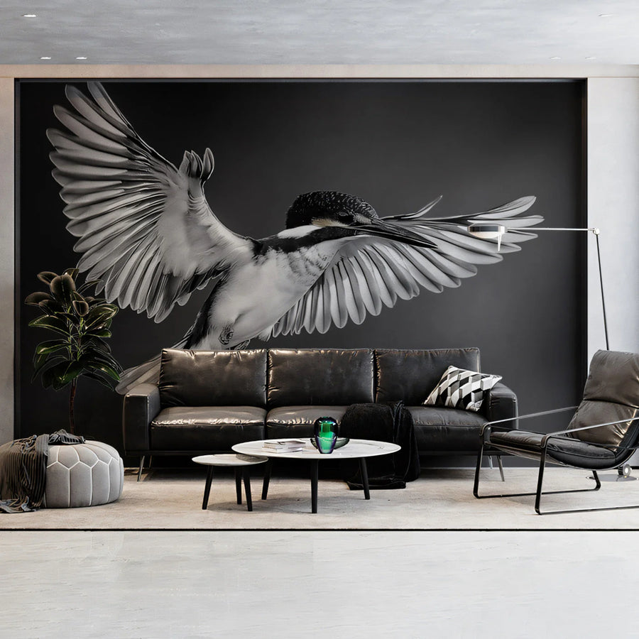 Kingfisher in Flight Mural Wallpaper — Monochrome Minimalist Decor Mural Wallpaper