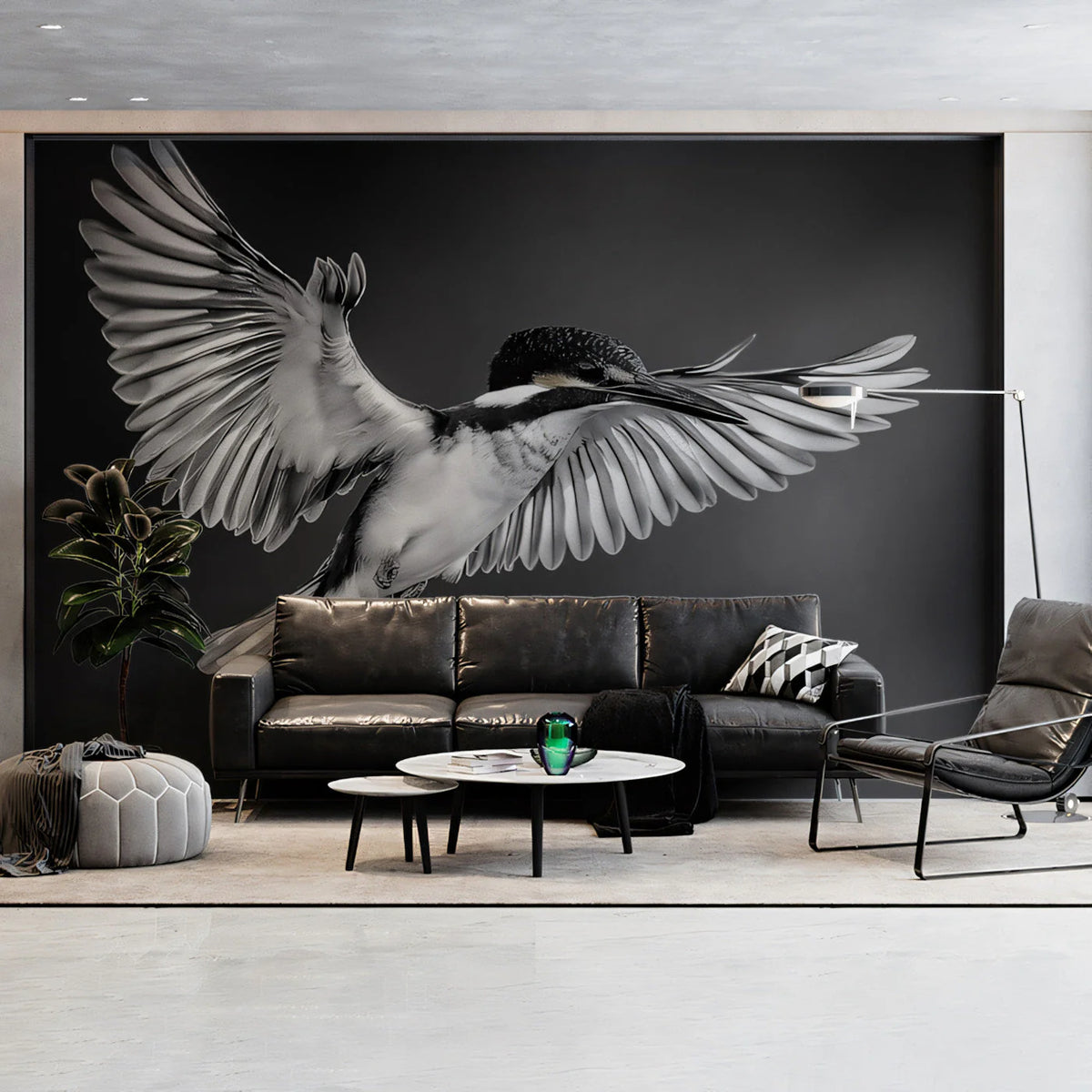 Kingfisher in Flight Mural Wallpaper — Monochrome Minimalist Decor Mural Wallpaper - pure wallpaper artwork