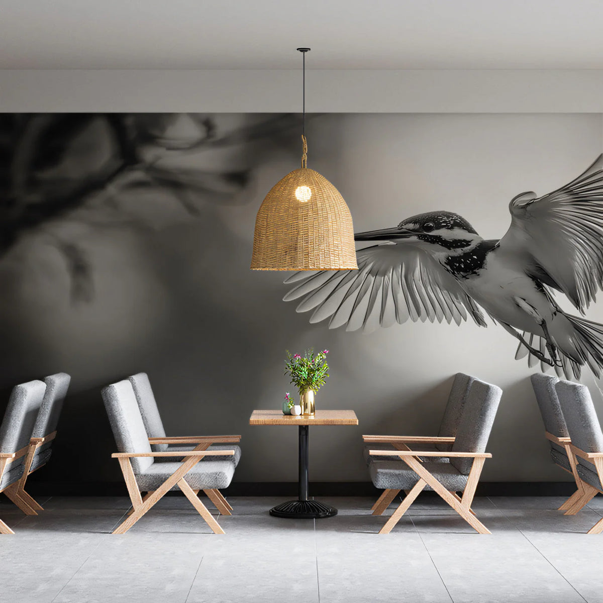 Kingfisher in Flight Mural Wallpaper — Minimalist Monochrome Decor Mural Wallpaper - pure wallpaper artwork