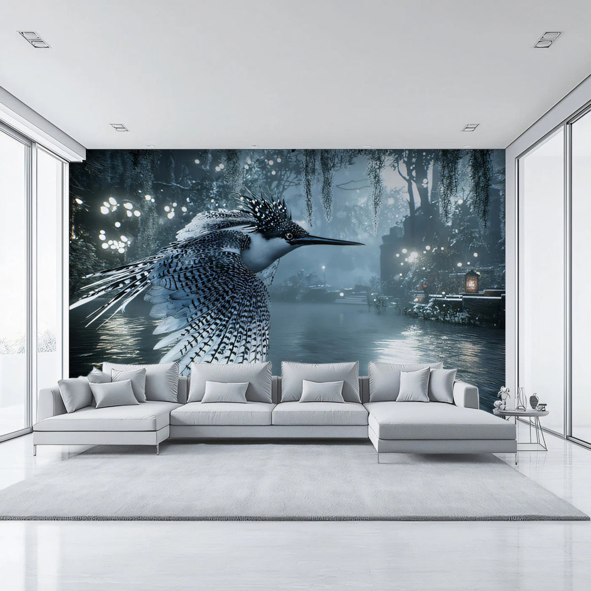 Kingfisher Flight Forest Mural Wallpaper — Moody Nature Design Mural Wallpaper - pure wallpaper artwork