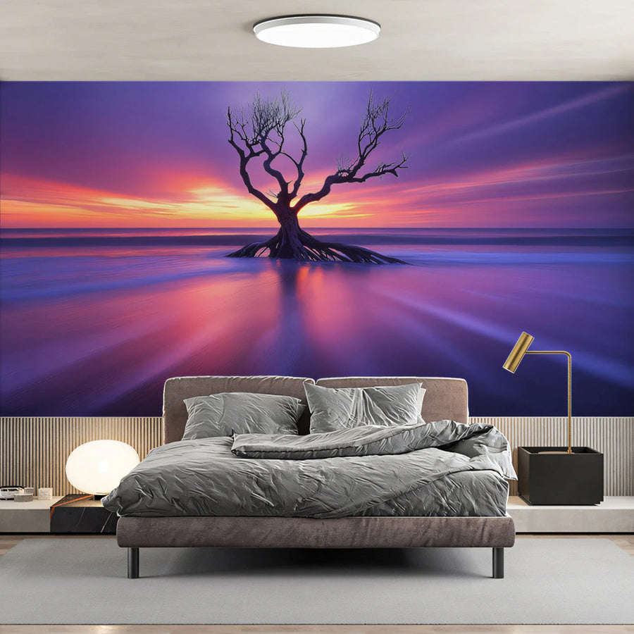 Coastal Sunset Driftwood Mural Wallpaper — Vivid Horizon Design Mural Wallpaper
