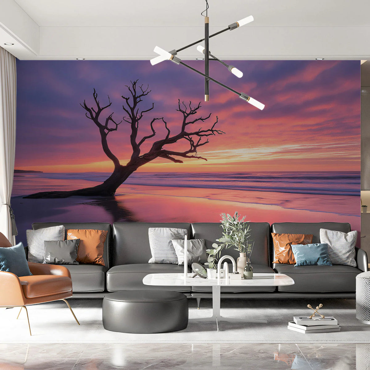 Coastal Sunset Driftwood Mural Wallpaper — Moody Twilight Horizon Mural Wallpaper - pure wallpaper artwork