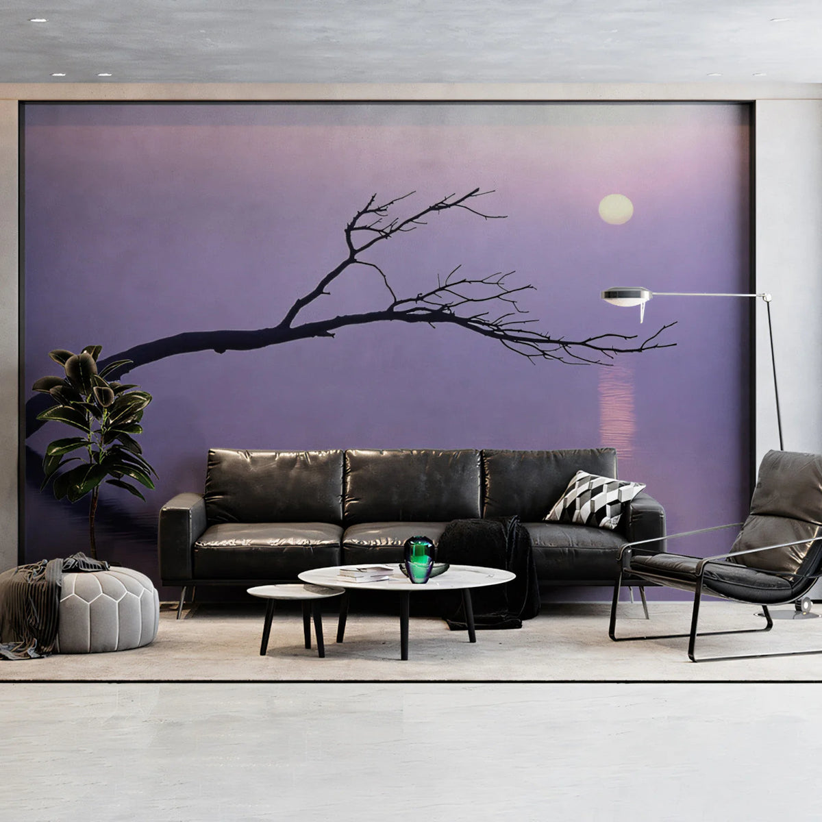 Minimalist Violet Branch Mural Wallpaper — Artistic Dusk Scene Mural Wallpaper - pure wallpaper artwork