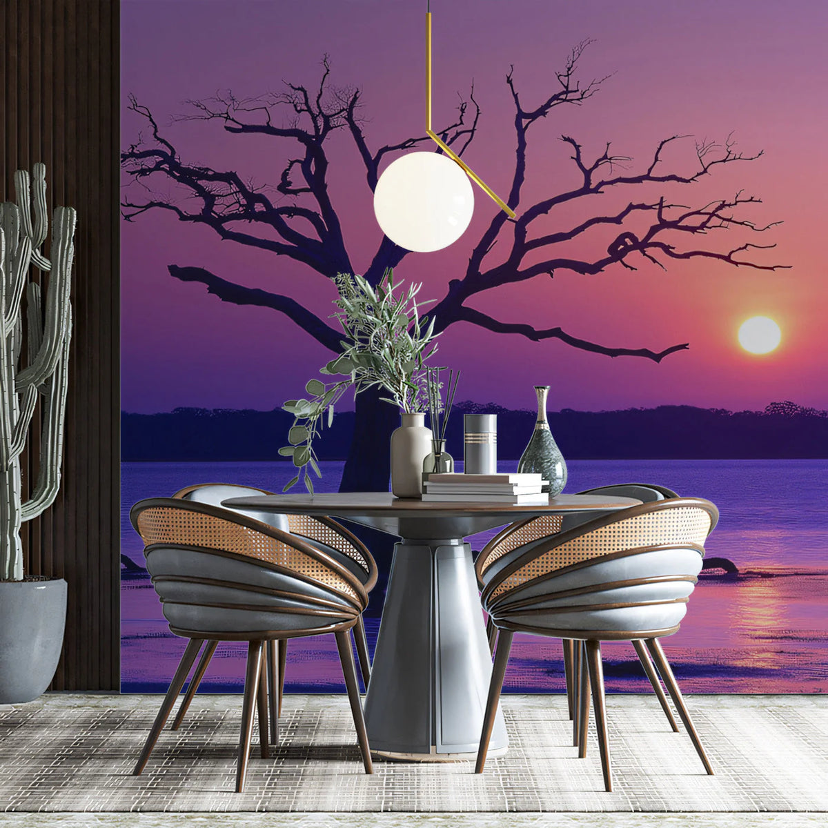 Silhouette Sunset Tree Mural Wallpaper — Ethereal Purple Landscape Mural Wallpaper - pure wallpaper artwork