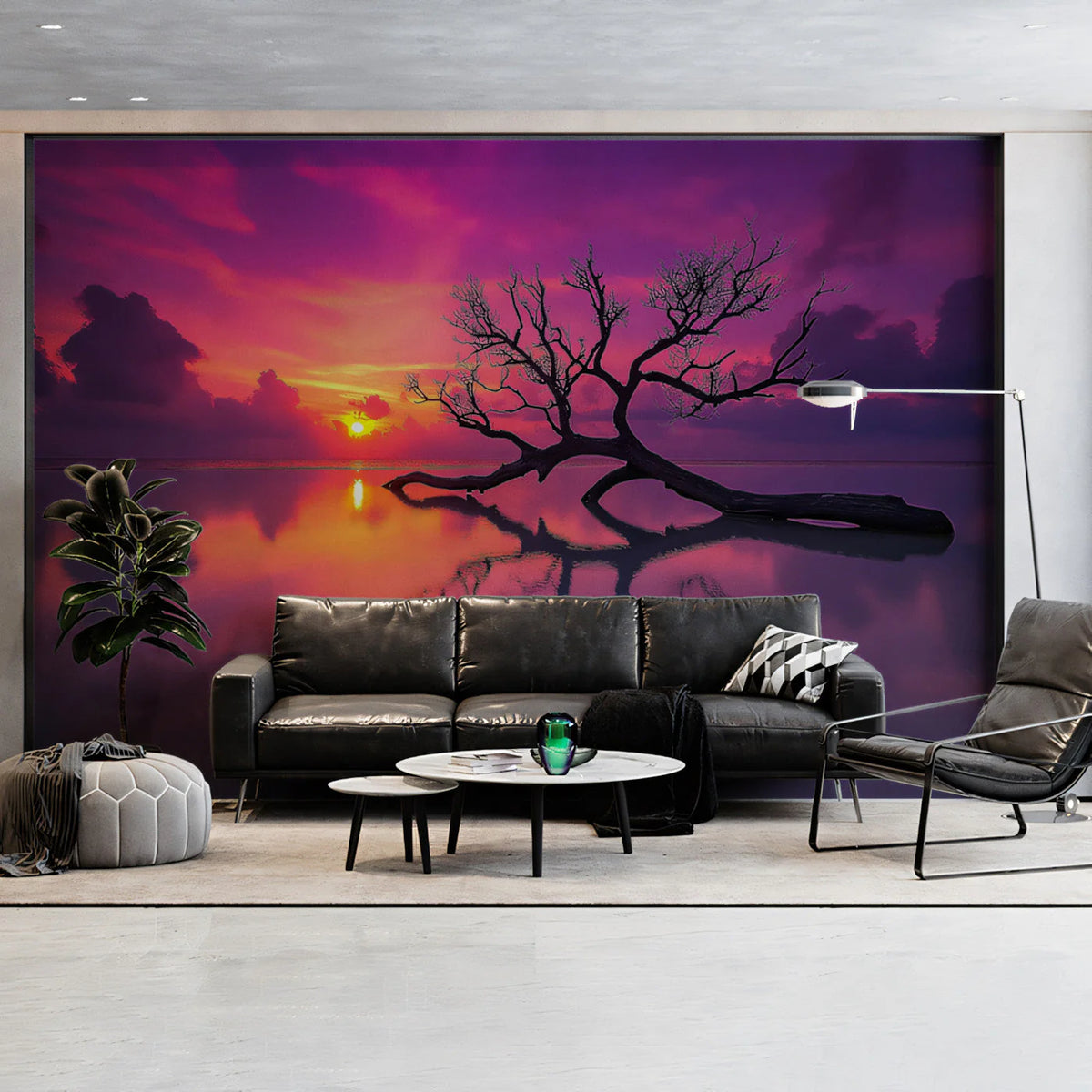 Lone Driftwood Sunset Mural Wallpaper — Vibrant Coastal Art Mural Wallpaper - pure wallpaper artwork