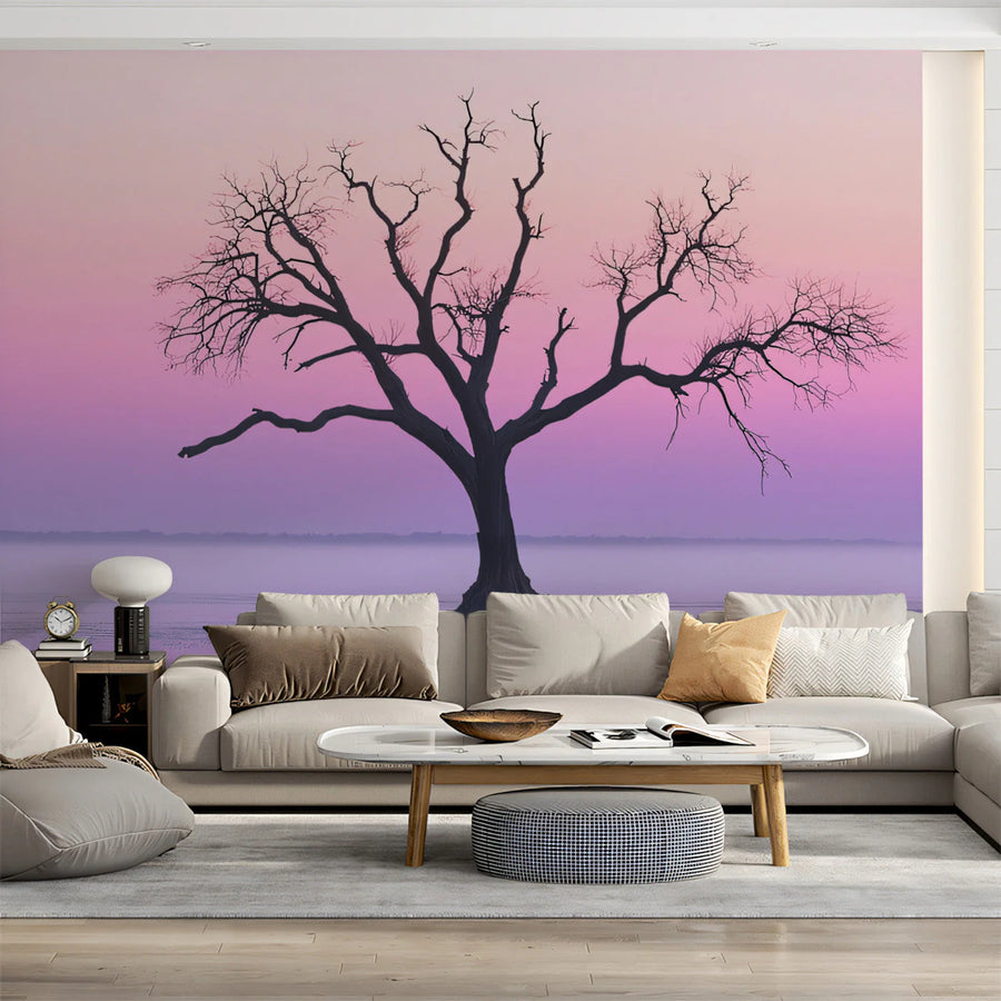 Lone Silhouette Tree Mural Wallpaper — Ethereal Misty Horizon Mural Wallpaper