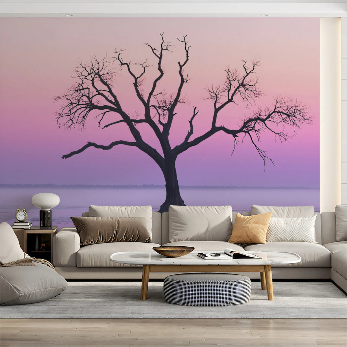 Lone Silhouette Tree Mural Wallpaper — Ethereal Misty Horizon Mural Wallpaper - pure wallpaper artwork