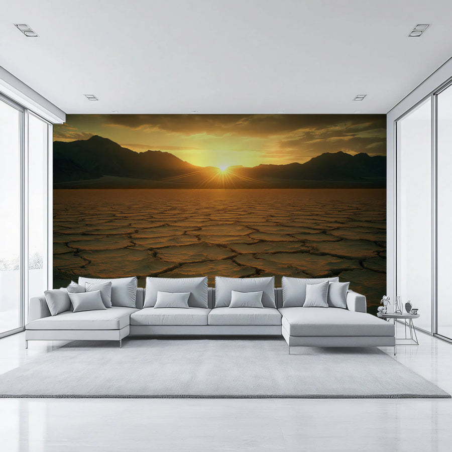 Desert Sunset Cracked Earth Mural Wallpaper — Panoramic Landscape Mural Wallpaper
