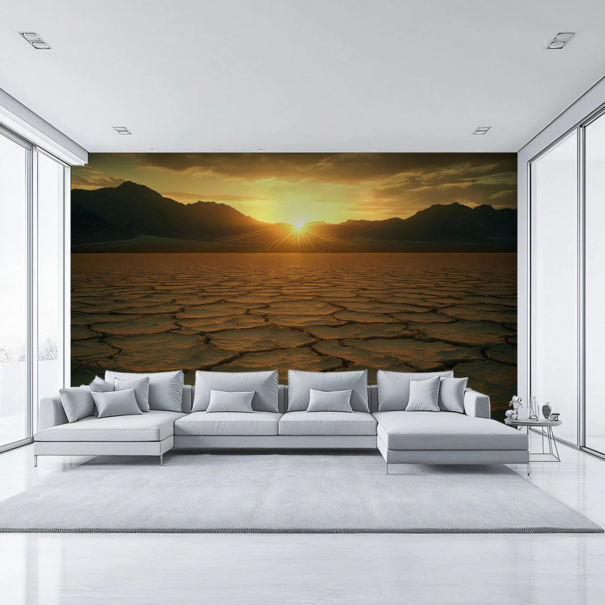 Desert Sunset Cracked Earth Mural Wallpaper — Panoramic Landscape Mural Wallpaper - pure wallpaper artwork