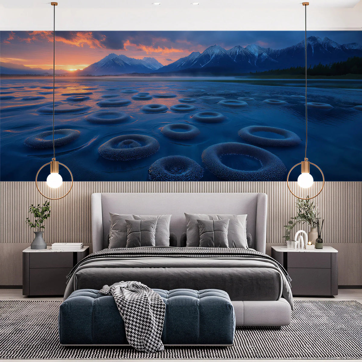 Mountain Lake Sunset Mural Wallpaper —Dreamy Nature Landscape Mural Wallpaper - pure wallpaper artwork