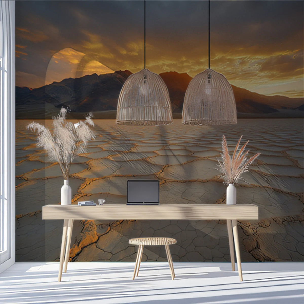Desert Salt Flat Sunset Mural Wallpaper — Warm Horizon View Mural Wallpaper - pure wallpaper artwork